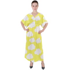 Cute Yellow White Clouds V-neck Boho Style Maxi Dress by ConteMonfrey