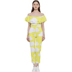 Cute Yellow White Clouds Bardot Ruffle Jumpsuit by ConteMonfrey