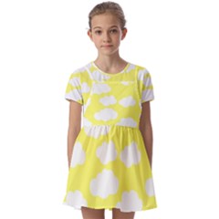 Cute Yellow White Clouds Kids  Short Sleeve Pinafore Style Dress by ConteMonfrey