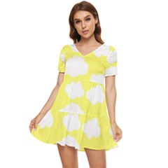 Cute Yellow White Clouds Tiered Short Sleeve Babydoll Dress