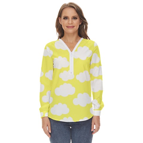 Cute Yellow White Clouds Zip Up Long Sleeve Blouse by ConteMonfrey