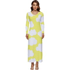 Cute Yellow White Clouds Long Sleeve Longline Maxi Dress by ConteMonfrey