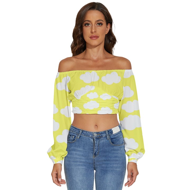 Cute yellow white Clouds Long Sleeve Crinkled Weave Crop Top