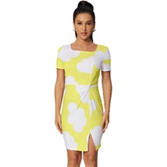 Cute Yellow White Clouds Fitted Knot Split End Bodycon Dress by ConteMonfrey