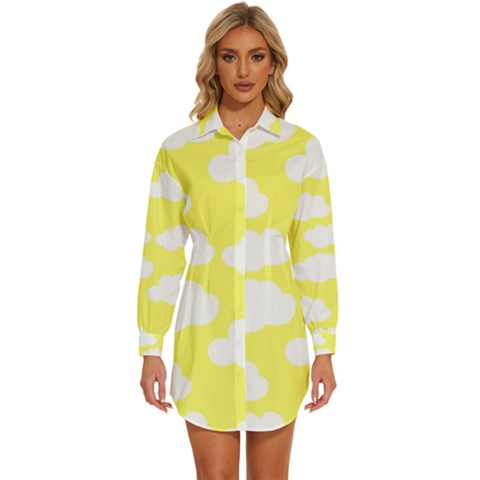 Cute Yellow White Clouds Womens Long Sleeve Shirt Dress by ConteMonfrey