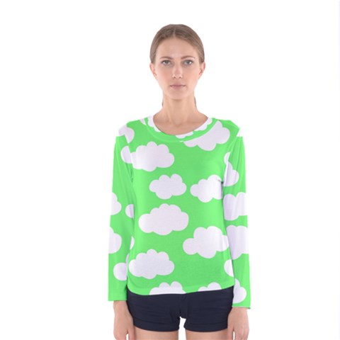 Green And White Cute Clouds  Women s Long Sleeve Tee by ConteMonfrey