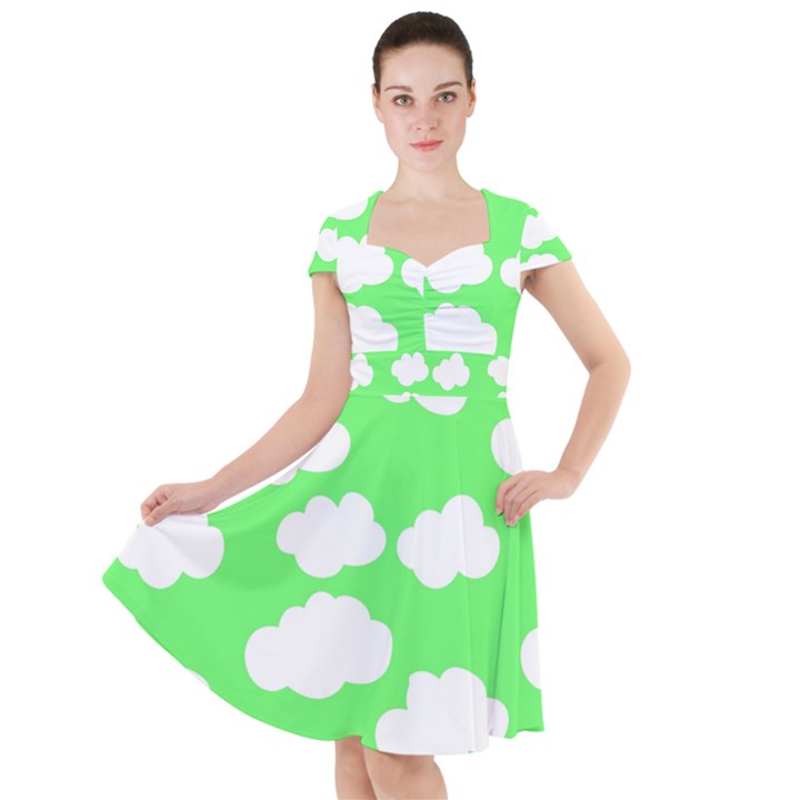 Green and white cute Clouds  Cap Sleeve Midi Dress