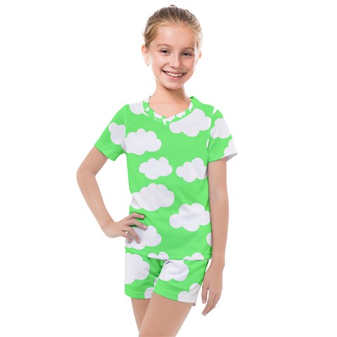 Green And White Cute Clouds  Kids  Mesh Tee And Shorts Set by ConteMonfrey