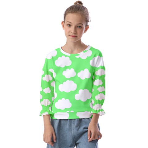 Green And White Cute Clouds  Kids  Cuff Sleeve Top by ConteMonfrey