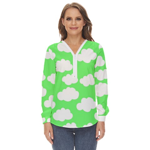 Green And White Cute Clouds  Zip Up Long Sleeve Blouse by ConteMonfrey