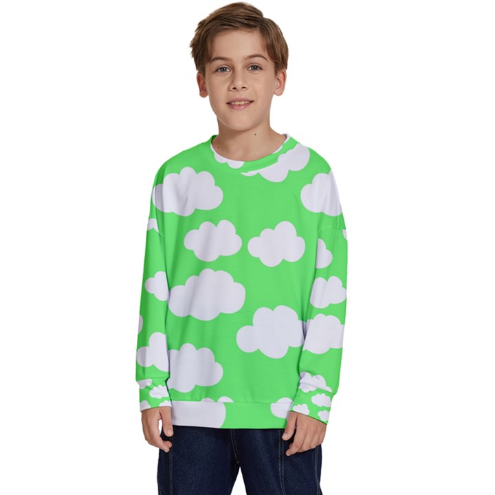 Green and white cute Clouds  Kids  Crewneck Sweatshirt