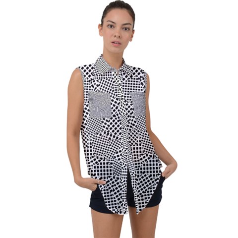 Geometric Noir Pattern Sleeveless Chiffon Button Shirt by dflcprintsclothing