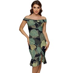 Autumn Fallen Leaves Dried Leaves Off Shoulder Ruffle Split Hem Bodycon Dress by Simbadda