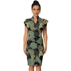 Autumn Fallen Leaves Dried Leaves Vintage Frill Sleeve V-neck Bodycon Dress by Simbadda