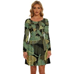 Autumn Fallen Leaves Dried Leaves Long Sleeve Wide Neck Velvet Dress by Simbadda