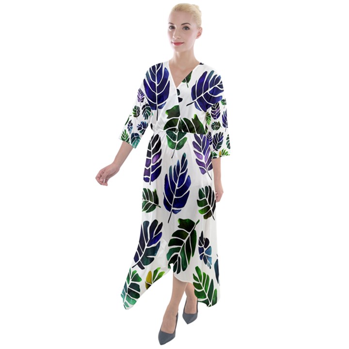 Leaves Watercolor Ornamental Decorative Design Quarter Sleeve Wrap Front Maxi Dress