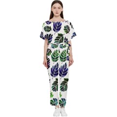 Leaves Watercolor Ornamental Decorative Design Batwing Lightweight Chiffon Jumpsuit by Simbadda