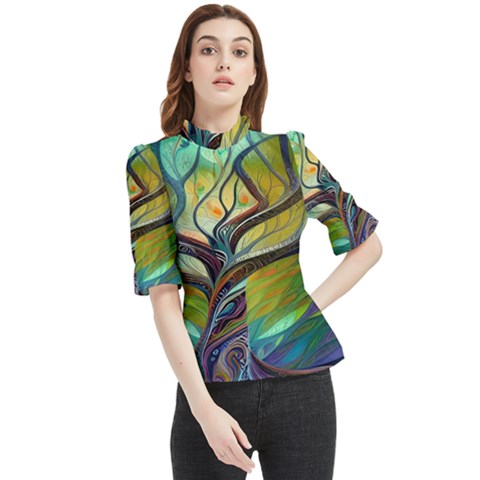 Tree Magical Colorful Abstract Metaphysical Frill Neck Blouse by Simbadda