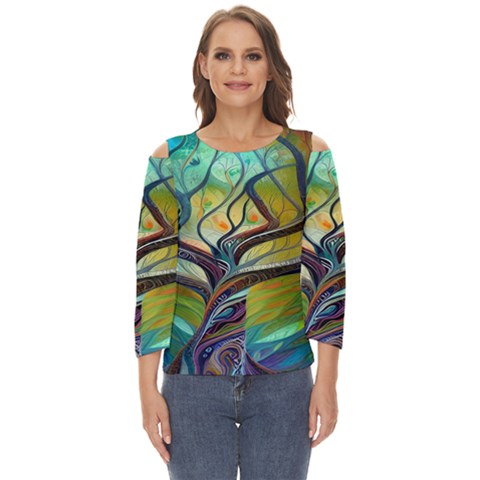 Tree Magical Colorful Abstract Metaphysical Cut Out Wide Sleeve Top by Simbadda