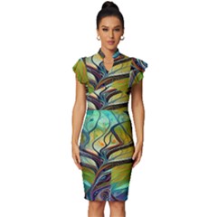 Tree Magical Colorful Abstract Metaphysical Vintage Frill Sleeve V-neck Bodycon Dress by Simbadda