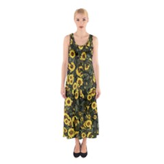 Sunflowers Yellow Flowers Flowers Digital Drawing Sleeveless Maxi Dress by Simbadda