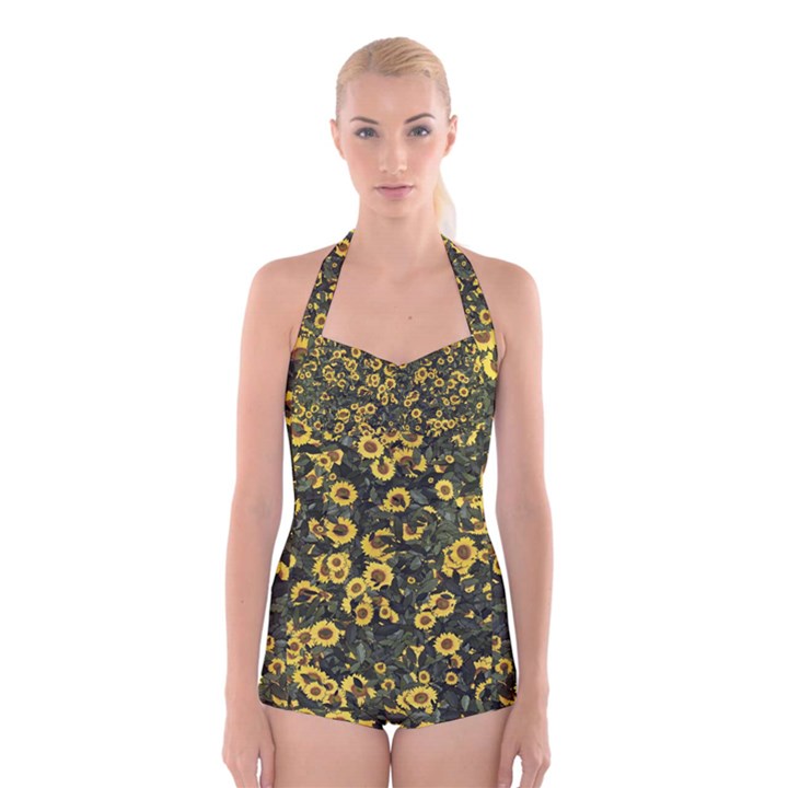 Sunflowers Yellow Flowers Flowers Digital Drawing Boyleg Halter Swimsuit 