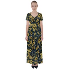 Sunflowers Yellow Flowers Flowers Digital Drawing High Waist Short Sleeve Maxi Dress by Simbadda