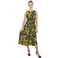 Sunflowers Yellow Flowers Flowers Digital Drawing Midi Tie-back Chiffon Dress by Simbadda