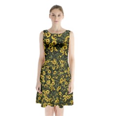 Sunflowers Yellow Flowers Flowers Digital Drawing Sleeveless Waist Tie Chiffon Dress by Simbadda