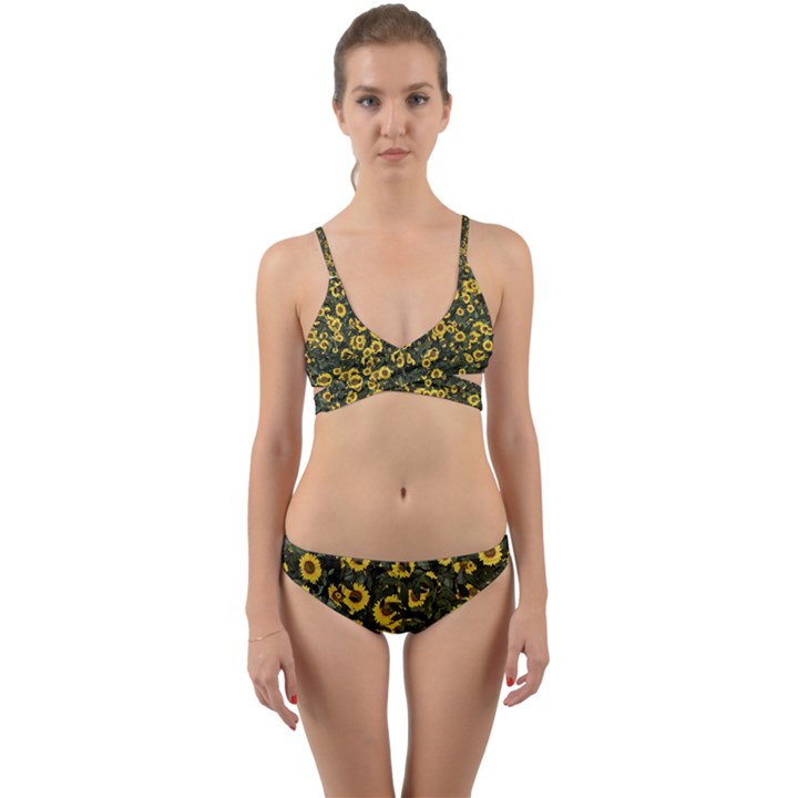 Sunflowers Yellow Flowers Flowers Digital Drawing Wrap Around Bikini Set