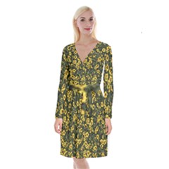 Sunflowers Yellow Flowers Flowers Digital Drawing Long Sleeve Velvet Front Wrap Dress by Simbadda