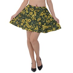 Sunflowers Yellow Flowers Flowers Digital Drawing Velvet Skater Skirt by Simbadda