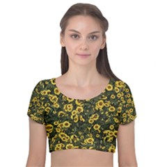 Sunflowers Yellow Flowers Flowers Digital Drawing Velvet Short Sleeve Crop Top  by Simbadda