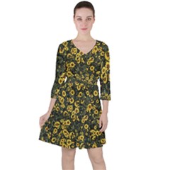 Sunflowers Yellow Flowers Flowers Digital Drawing Quarter Sleeve Ruffle Waist Dress by Simbadda