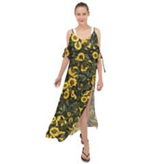 Sunflowers Yellow Flowers Flowers Digital Drawing Maxi Chiffon Cover Up Dress by Simbadda