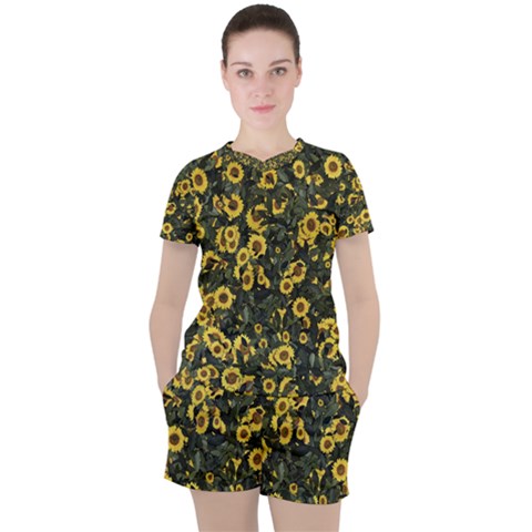 Sunflowers Yellow Flowers Flowers Digital Drawing Women s Tee And Shorts Set by Simbadda