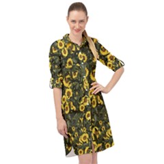 Sunflowers Yellow Flowers Flowers Digital Drawing Long Sleeve Mini Shirt Dress by Simbadda