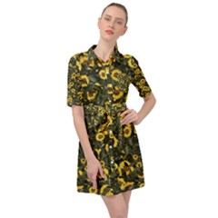 Sunflowers Yellow Flowers Flowers Digital Drawing Belted Shirt Dress by Simbadda