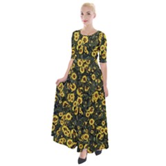 Sunflowers Yellow Flowers Flowers Digital Drawing Half Sleeves Maxi Dress by Simbadda