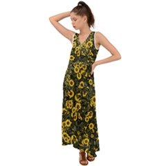 Sunflowers Yellow Flowers Flowers Digital Drawing V-neck Chiffon Maxi Dress by Simbadda