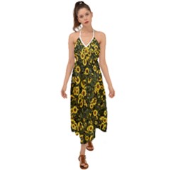 Sunflowers Yellow Flowers Flowers Digital Drawing Halter Tie Back Dress  by Simbadda