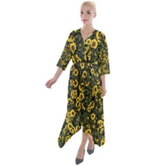 Sunflowers Yellow Flowers Flowers Digital Drawing Quarter Sleeve Wrap Front Maxi Dress by Simbadda