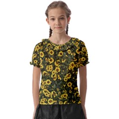 Sunflowers Yellow Flowers Flowers Digital Drawing Kids  Frill Chiffon Blouse by Simbadda