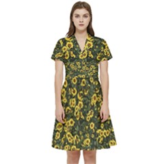 Sunflowers Yellow Flowers Flowers Digital Drawing Short Sleeve Waist Detail Dress by Simbadda