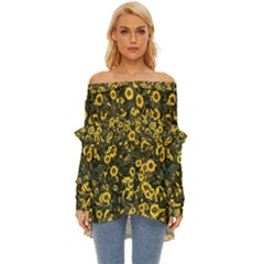 Sunflowers Yellow Flowers Flowers Digital Drawing Off Shoulder Chiffon Pocket Shirt by Simbadda