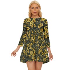 Sunflowers Yellow Flowers Flowers Digital Drawing Long Sleeve Babydoll Dress by Simbadda