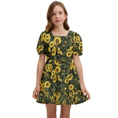 Sunflowers Yellow Flowers Flowers Digital Drawing Kids  Short Sleeve Dolly Dress by Simbadda