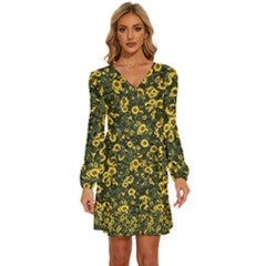 Sunflowers Yellow Flowers Flowers Digital Drawing Long Sleeve Waist Tie Ruffle Velvet Dress by Simbadda