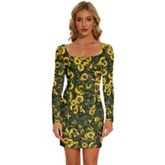 Sunflowers Yellow Flowers Flowers Digital Drawing Long Sleeve Square Neck Bodycon Velvet Dress by Simbadda