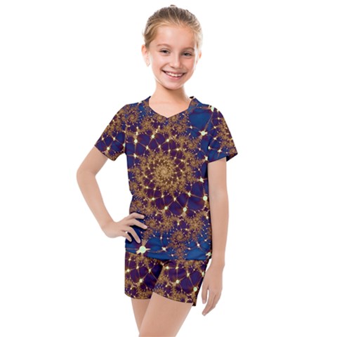 Fractal Spiral Art Pattern Blue Design Kids  Mesh Tee And Shorts Set by Simbadda